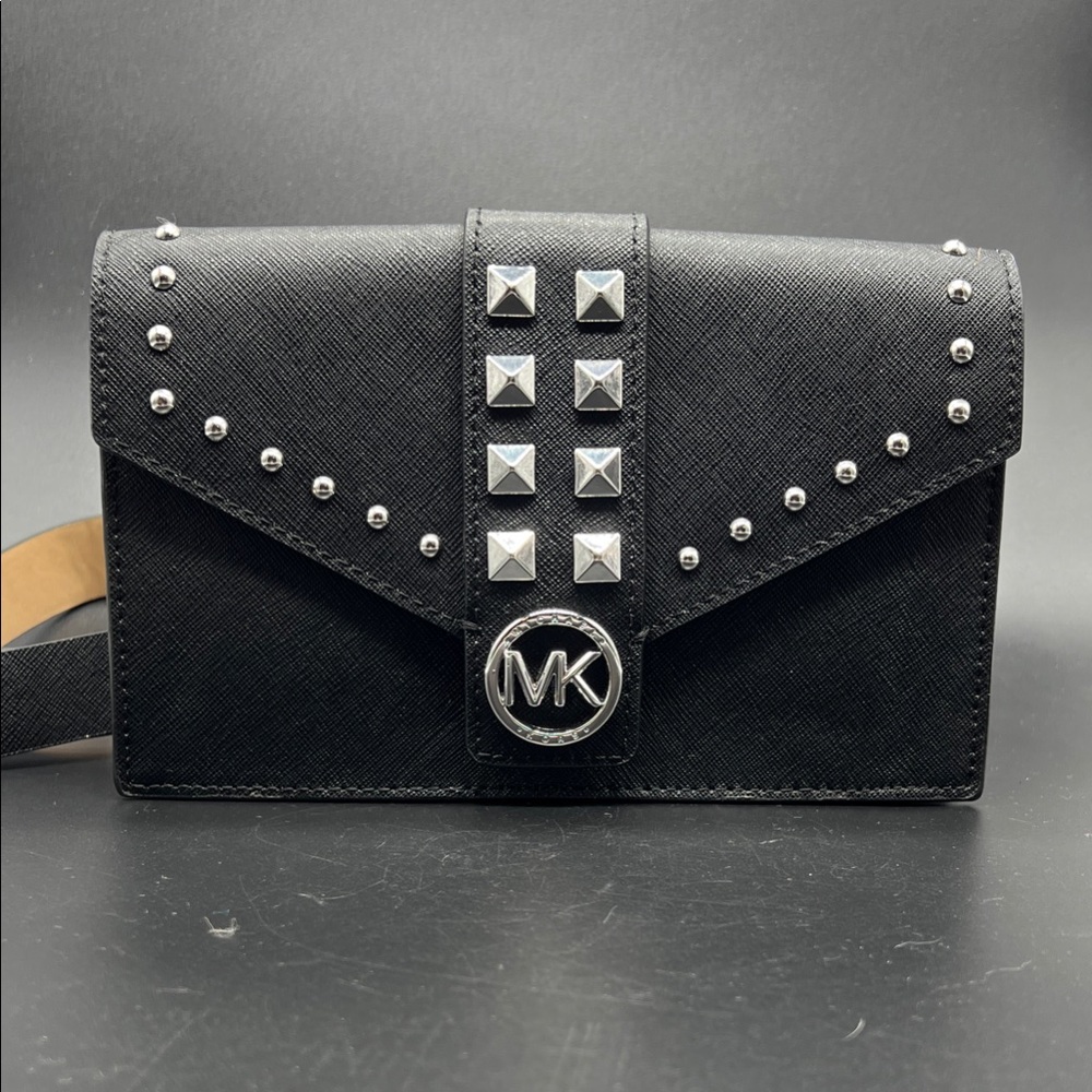 Michael Kors Black Leather Studded Crossbody Belt Bag Silver Hardware NEW